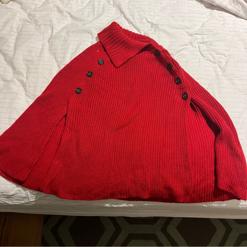 Banana Republic Heritage Red Sweater Poncho Merino Wool Holiday Cozy
